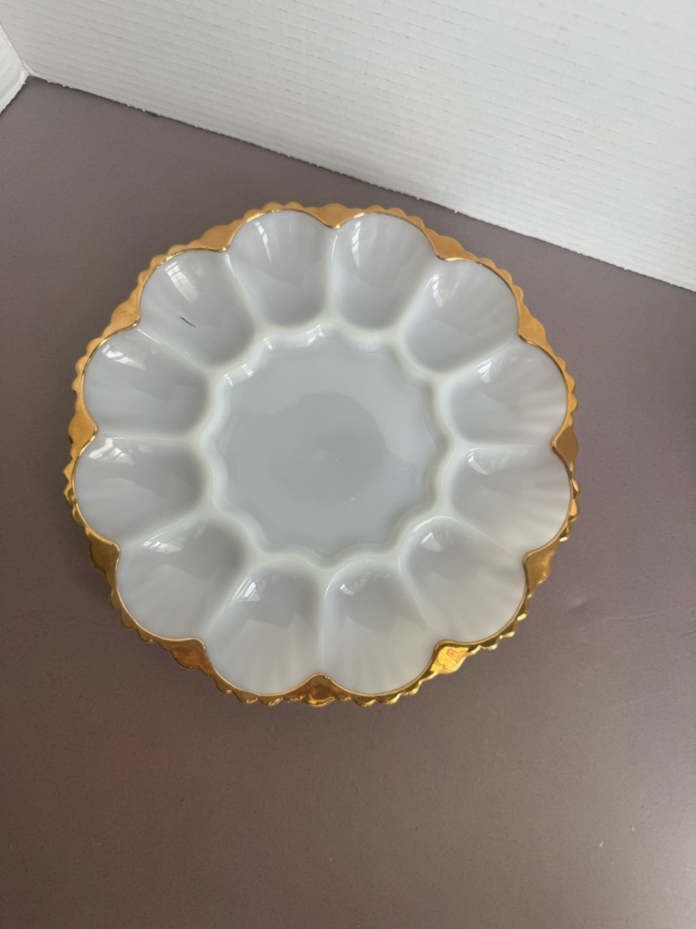 Vintage Anchor Hocking Milk Glass and Gold Egg Platter